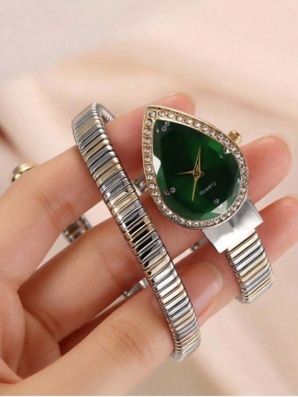 Anthropologie Gold-Trim Green Teardrop Dial Bracelet Watch